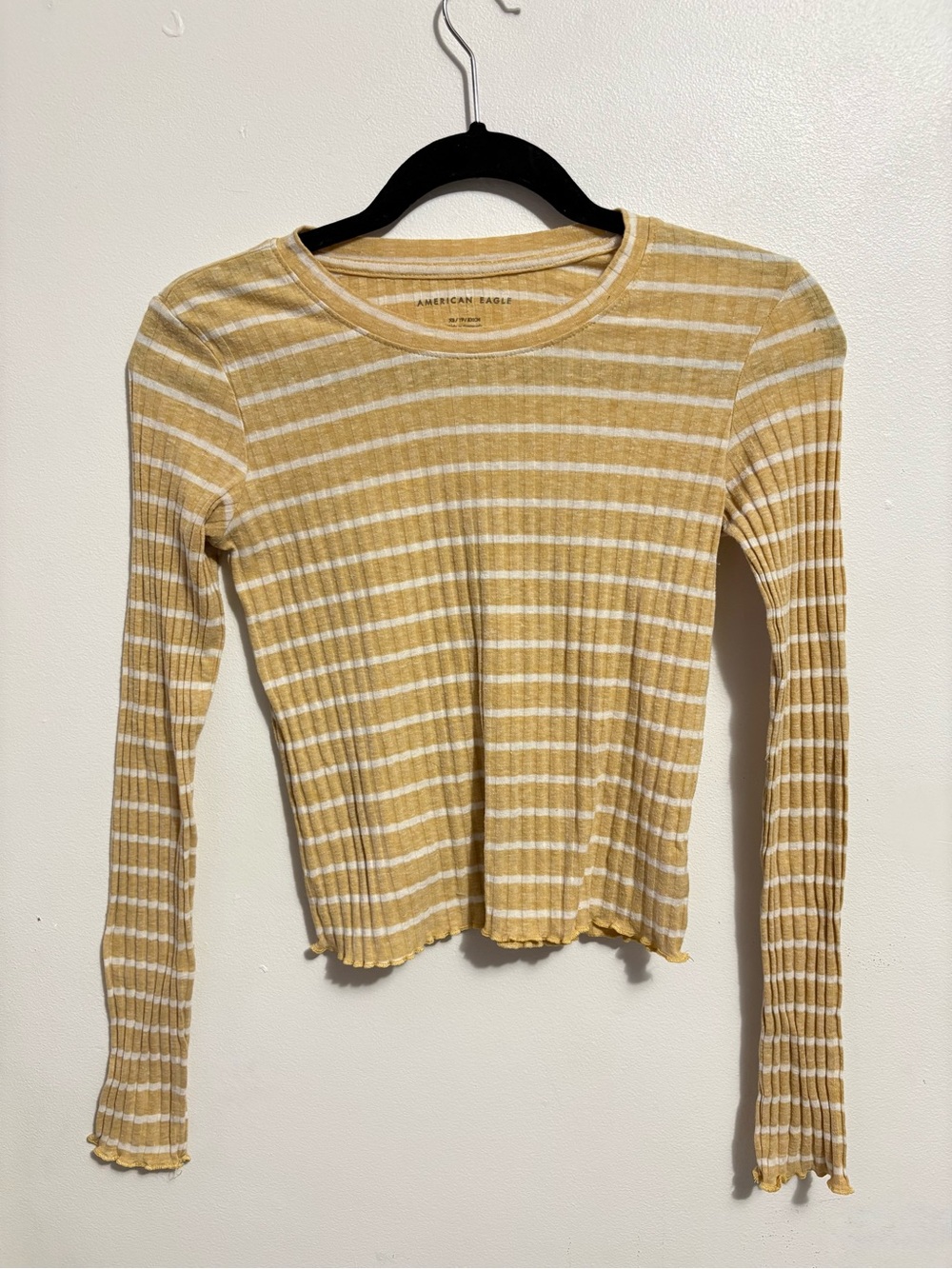 American Eagle Outfitters Mustard and White Striped Ribbed Long-Sleeve Top
